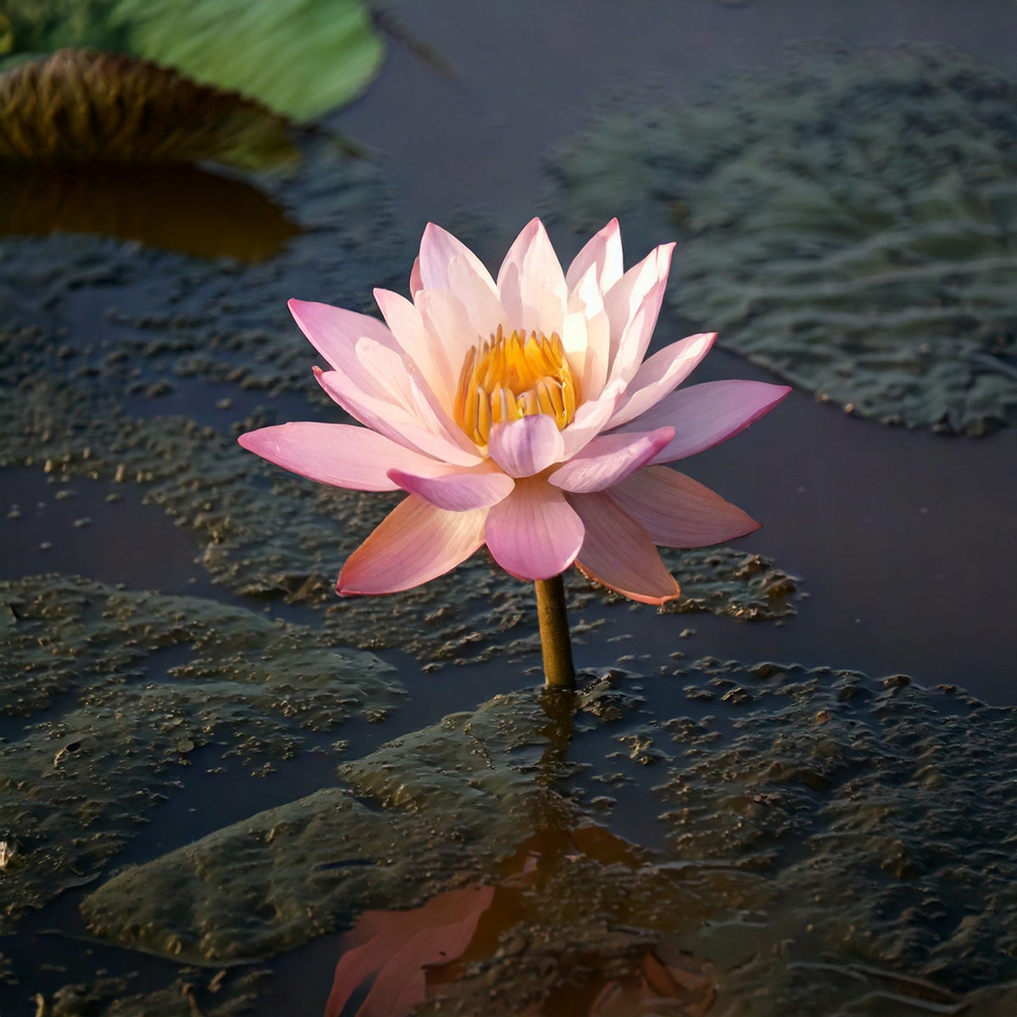 A lotus flower growing out of muddy water