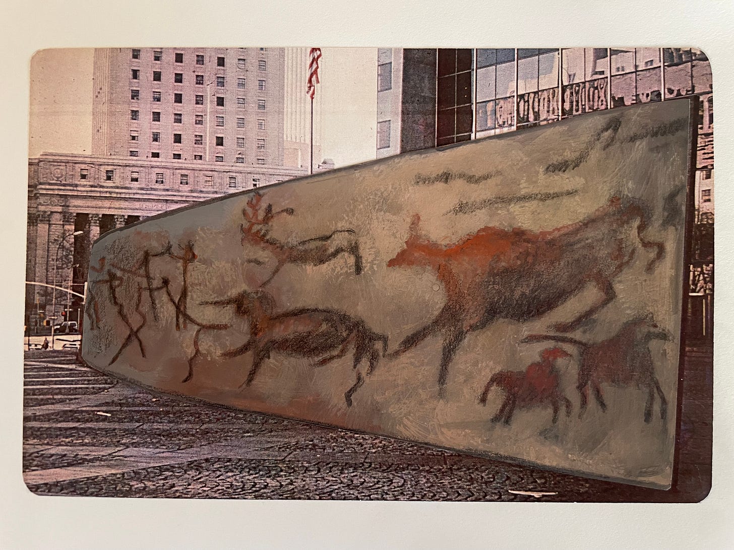 Tilted Arc on Federal Plaza imagined with ancient cave drawings of stick figure people and animals reminiscent of those found in Lascaux, France.