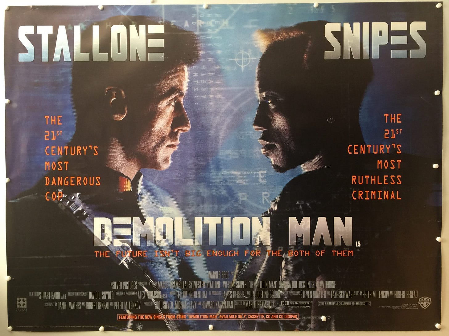 The poster for Demolition Man featuring Sylvester Stallone and Wesley Snipes in profile, facing each other. Snipes has blonde hair.