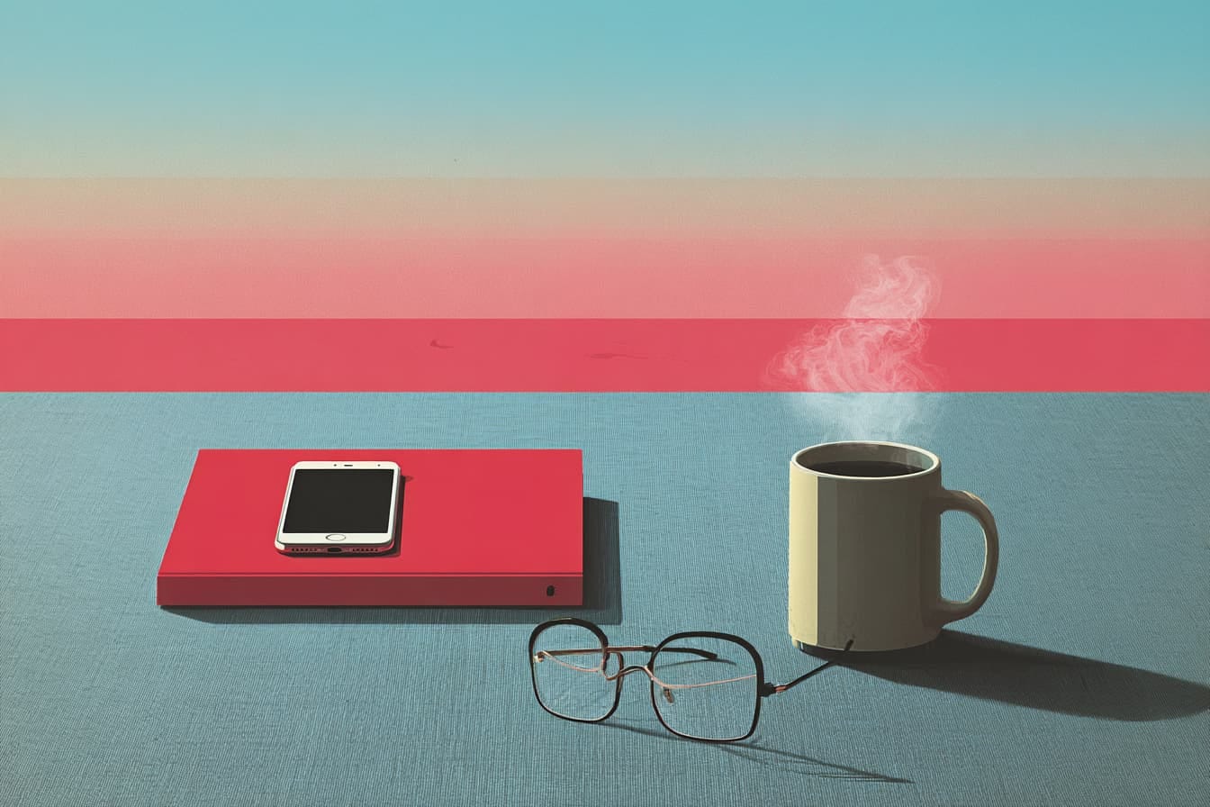 illustration of a cell phone, book, glasses, and a coffee mug on a table