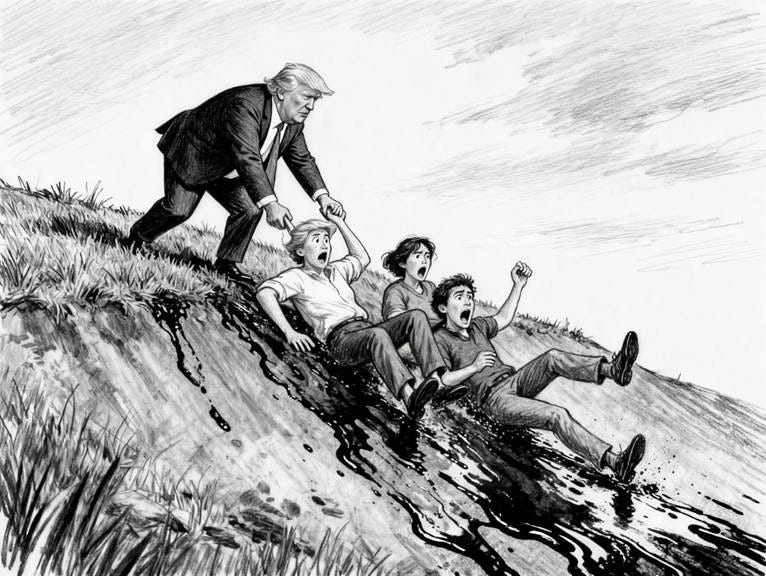 Trump pushing three alarmed people down a slippery hill, in sketch style.