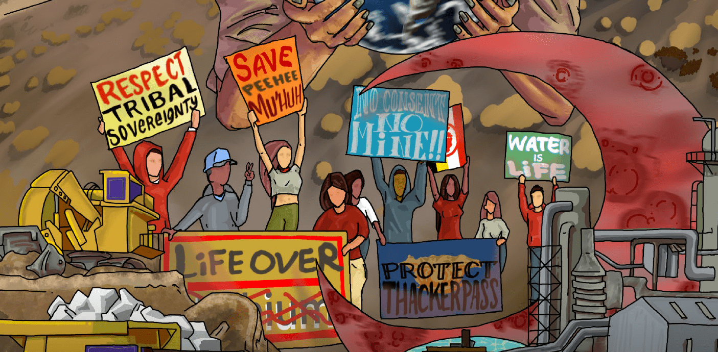 illustration of people holding signs against mining in Nevada