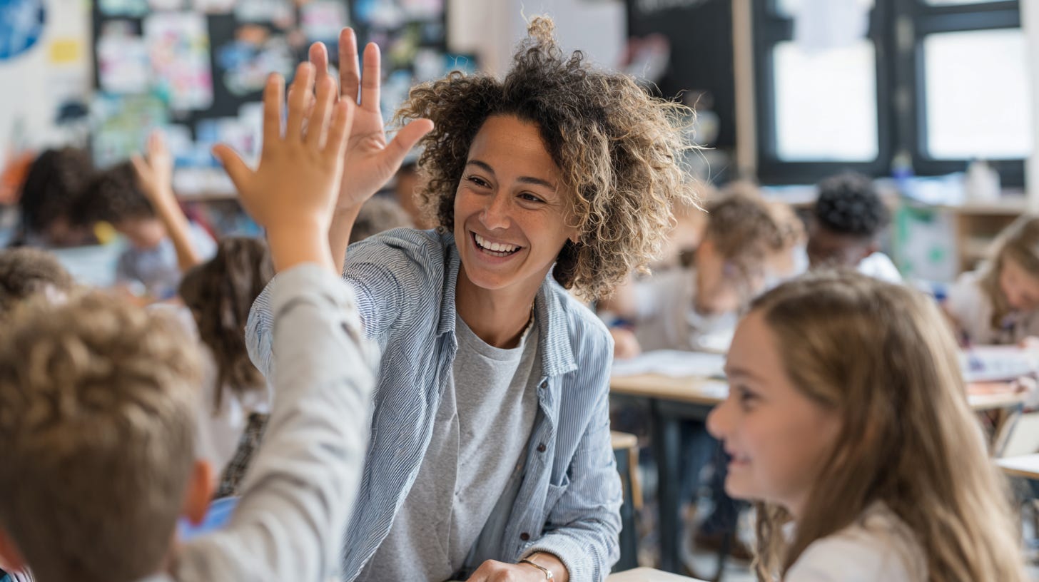 Teacher smiling and giving a student a high-five in a busy classroom, demonstrating positive reinforcement and encouragement. Teacher smiling and giving a student a high-five in a busy classroom, demonstrating positive reinforcement and encouragement.