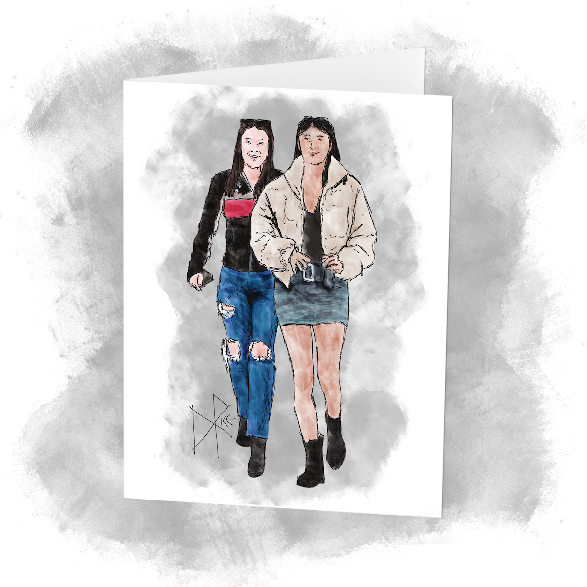 Two women walking outdoors in spring, having a pleasant conversation. Sketch art by Don Rice. Two women walking outdoors in spring, having a pleasant conversation. Sketch art by Don Rice.