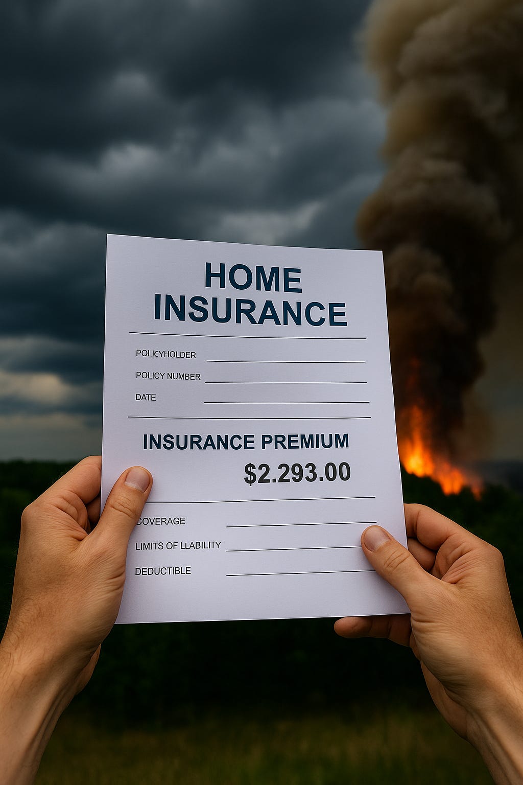 A person holds a home insurance premium notice while storm clouds gather and wildfire smoke rises in the background, symbolizing rising insurance costs from climate change.