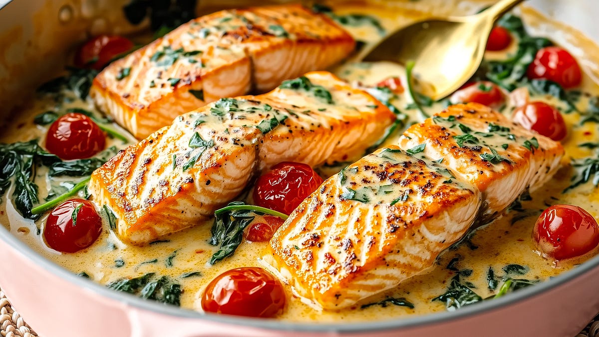 Salmon with Cherry Tomatoes, Cream, and Herbs - by Sophie