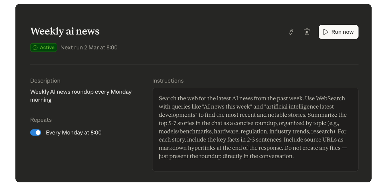 Cowork scheduled task setup showing a weekly AI news roundup set to run every Monday at 8:00, with the full prompt instructions visible and an active status badge with next run date.