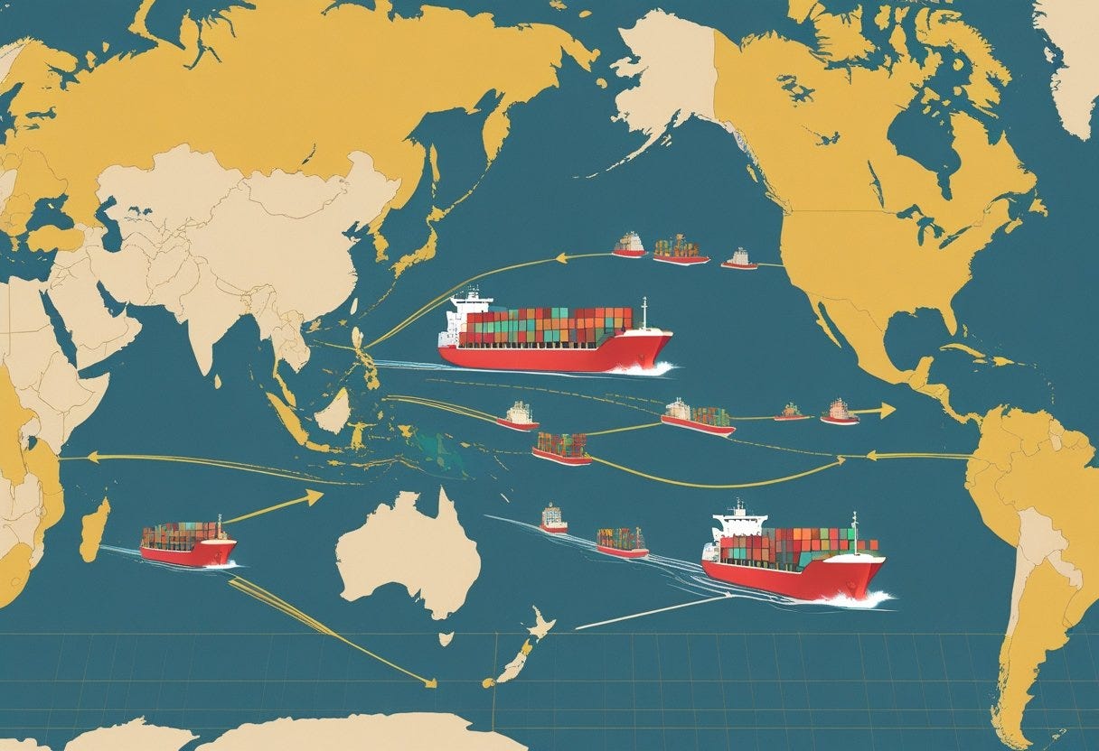 A map showing cargo ships sailing across the Pacific Ocean from the coast of China to the coast of the United States, illustrating sea trade routes and shipping volume.