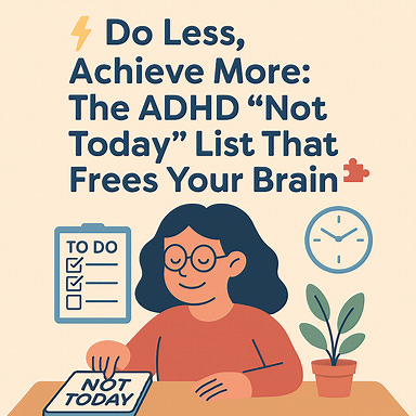 ADHD-themed square thumbnail with smooth colors and a friendly character, styled like the uploaded thumbnail. Topic: ⚡ Do Less, Achieve More: The ADHD “Not Today” List That Frees Your Brain 🧩
