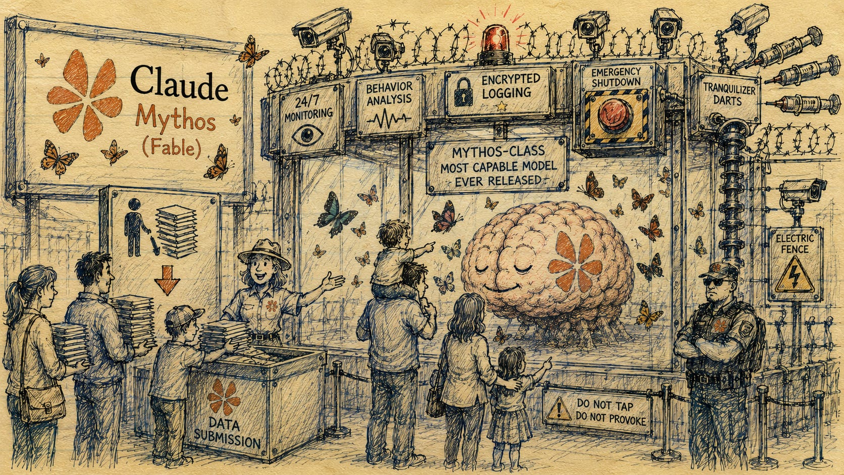 AI-generated editorial cartoon showing Anthropic’s Claude Mythos (Fable) model as a giant brain inside a high-security zoo enclosure. The brain is surrounded by reinforced glass, cameras, barbed wire, emergency shutdown systems, guards, and butterflies inspired by Anthropic’s logo. Visitors hand over stacks of personal documents into a collection bin while families watch the exhibit, highlighting the tension between AI safety, surveillance, trust, and data retention. AI-generated editorial cartoon showing Anthropic’s Claude Mythos (Fable) model as a giant brain inside a high-security zoo enclosure. The brain is surrounded by reinforced glass, cameras, barbed wire, emergency shutdown systems, guards, and butterflies inspired by Anthropic’s logo. Visitors hand over stacks of personal documents into a collection bin while families watch the exhibit, highlighting the tension between AI safety, surveillance, trust, and data retention.