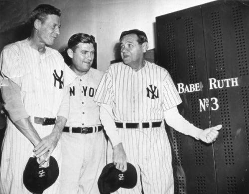 Babe Ruth visits his old locker in Yankee Stadium for the last time. With him are Bob Meusel, left, and Mark Koenig, center. TRANSCENDENTAL GRAPHICS/GETTY IMAGES Babe Ruth visits his old locker in Yankee Stadium for the last time. With him are Bob Meusel, left, and Mark Koenig, center. TRANSCENDENTAL GRAPHICS/GETTY IMAGES