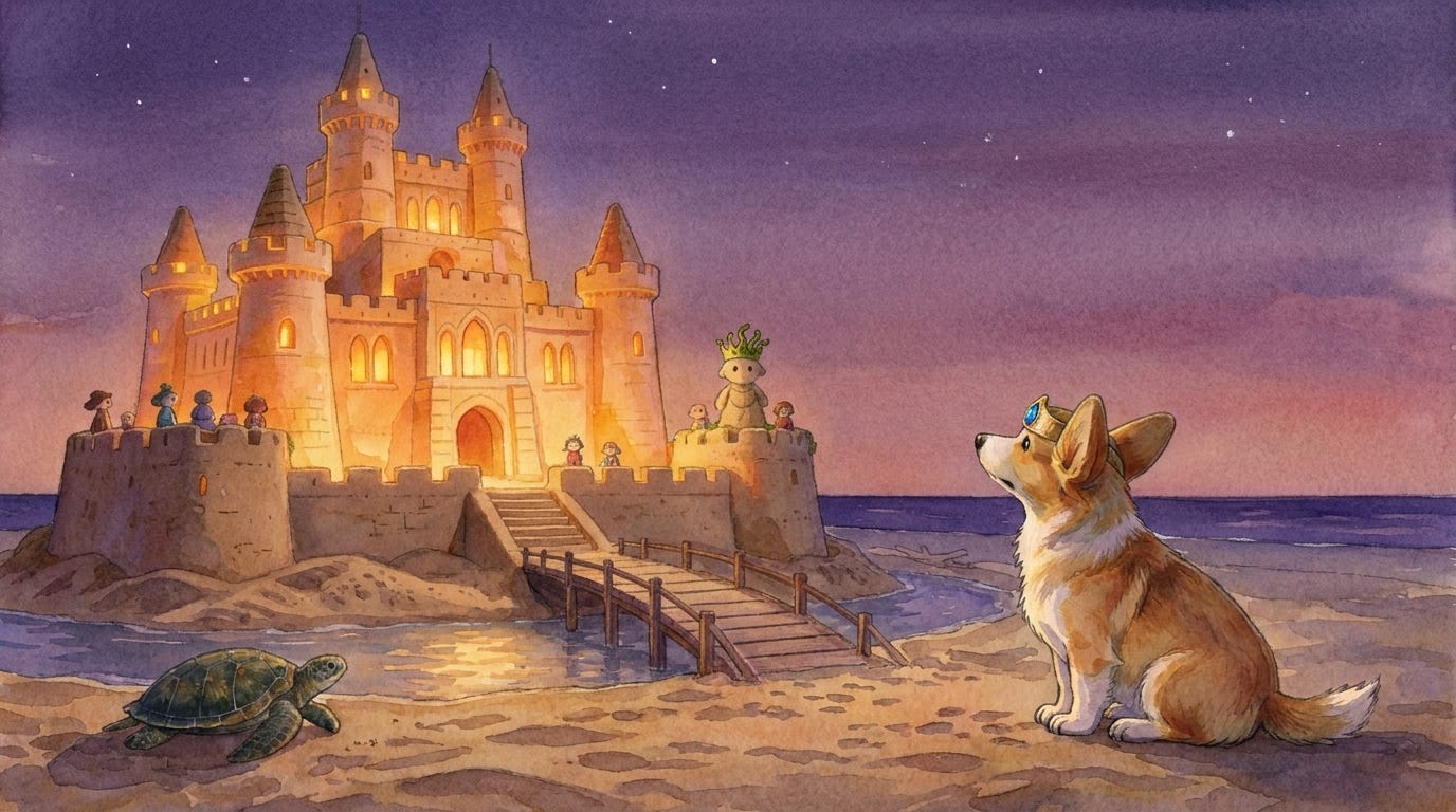 Amber dusk light catches a quiet sandcastle on the Spanish coast in a Prince Freddie sleepcast illustration.