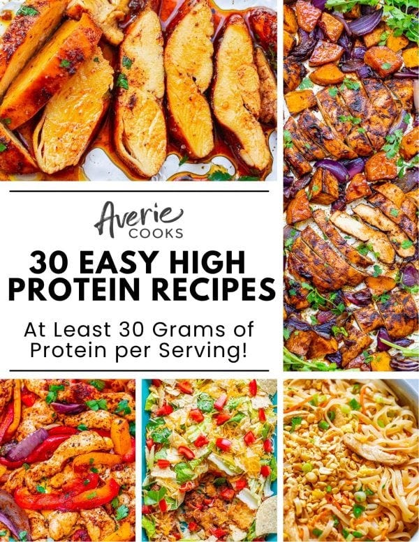Collage of colorful, high-protein dishes including chicken, nachos, and noodles, with a text overlay promoting 30 easy recipes with at least 30 grams of protein per serving. Collage of colorful, high-protein dishes including chicken, nachos, and noodles, with a text overlay promoting 30 easy recipes with at least 30 grams of protein per serving.