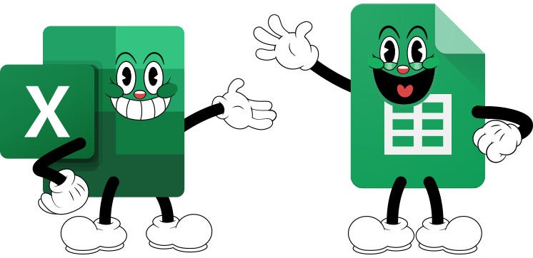 Friendly cartoon characters of Microsoft's Excel and Google Sheets smiling, symbolizing an easy-to-follow, step-by-step process used in both applications.