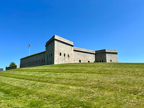 rocks, water, sky, grass, fort, building