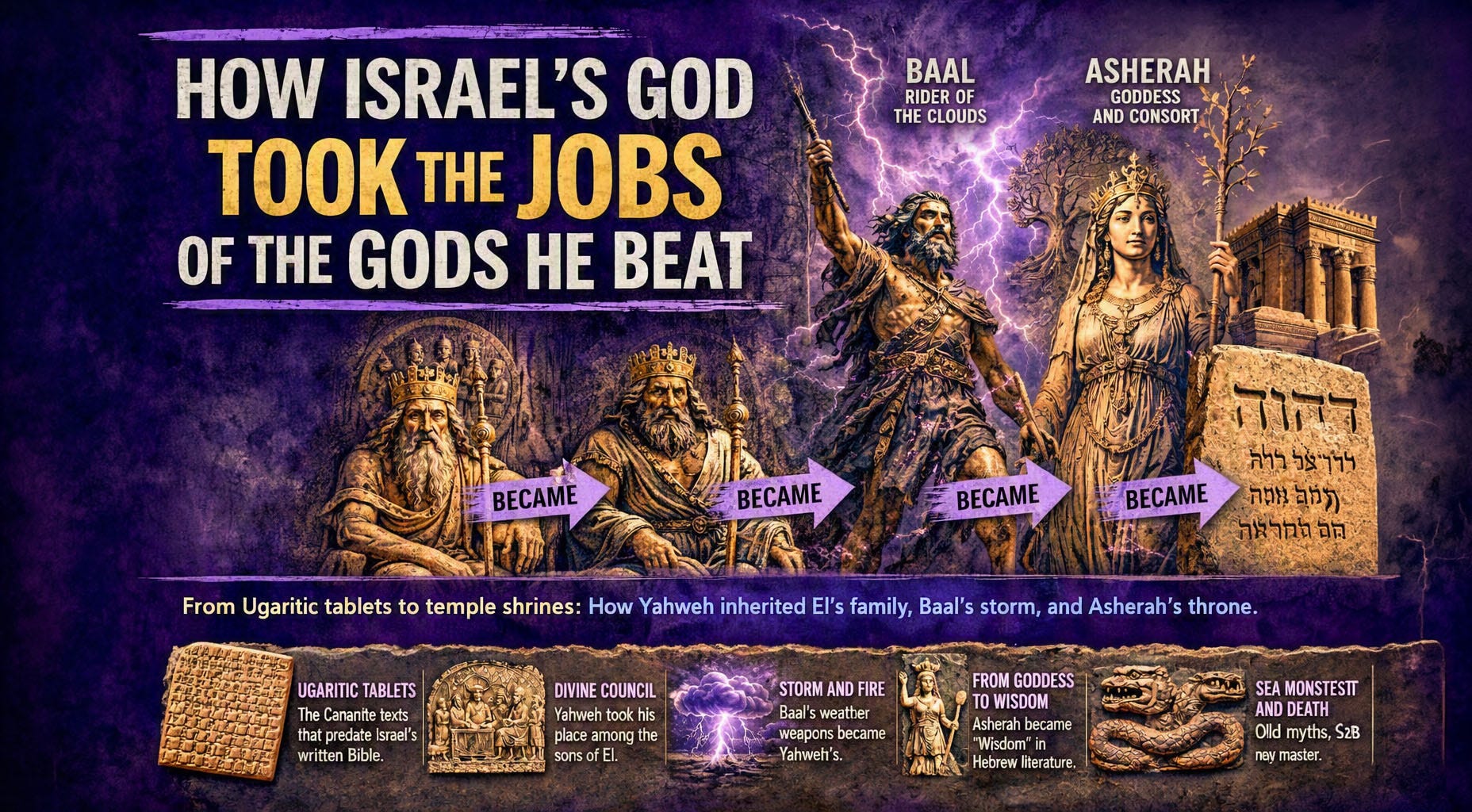 Dramatic purple editorial illustration showing El, Baal, and Asherah alongside Yahweh, with Ugaritic tablets and ancient temple imagery illustrating the evolution of Israel’s God. Dramatic purple editorial illustration showing El, Baal, and Asherah alongside Yahweh, with Ugaritic tablets and ancient temple imagery illustrating the evolution of Israel’s God.
