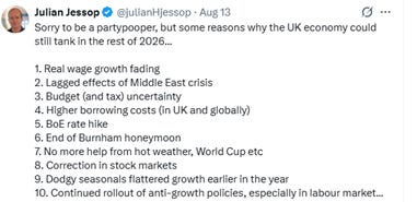 The image contains a list of ten reasons suggesting potential economic downturns for the UK in the latter half of 2026.

AI-generated content may be incorrect.