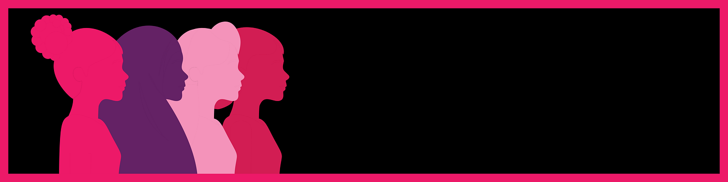 Profiles of four women in pink, purple, and magenta on a black background.