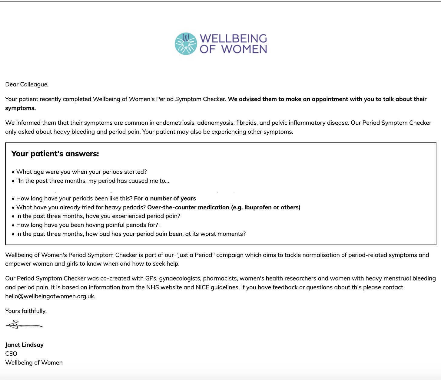 La lettera pre-compilata diretta al personale medico che si scarica dal sito di Wellbeing of Women dopo la realizzazione del test.