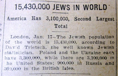 1920 newspaper w Report of the NUMBER OF JEWS IN THE WORLD before THE HOLOCAUST - Picture 1 of 3