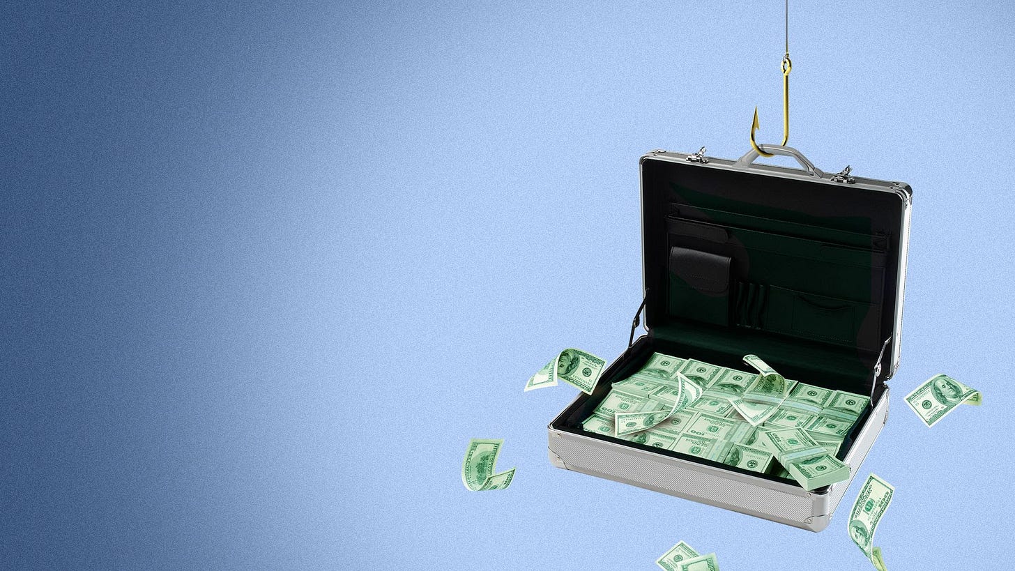 An illustration of an open briefcase hooked by a large fishing hook. The briefcase is full of cash and several bills are floating away. 