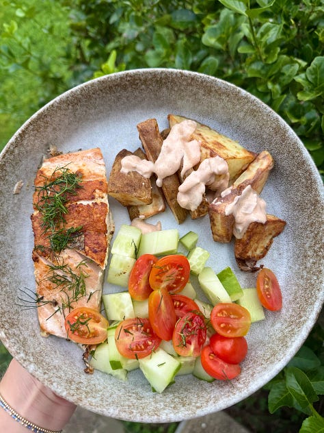 Savory sun-dried tomato & salmon power bowl, crunchy chili sheet pan salmon & broccolini, Dill salmon with patatas bravas