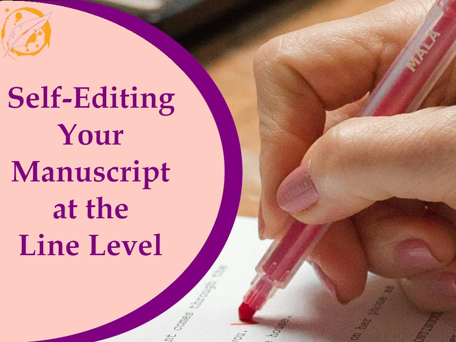 A hand writes with a red pen on typewritten paper. text reads: Self-editing your manuscript at the line level.