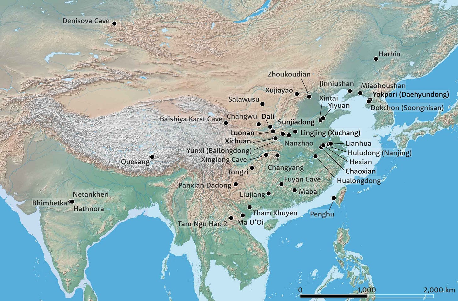 Map showing locations of more than 50 Middle Pleistocene archaeological and fossil sites in East Asia