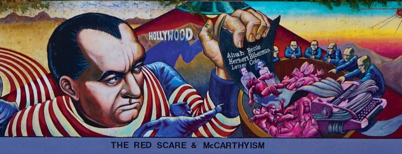 Detail of Judith F. Baca's Great Wall of Los Angeles (1976–), showing an alternative history of the 1950s: Farewell to Rosie the Riveter, Development of Suburbia, the Red Scare & McCarthyism, Division of the Barrios & Chavez Ravine. Click for full detail. MAXIMILÍANO DURÓN, ARTNEWS/COURTESY THE ARTIST AND SPARC, VENICE, CALIFORNIA