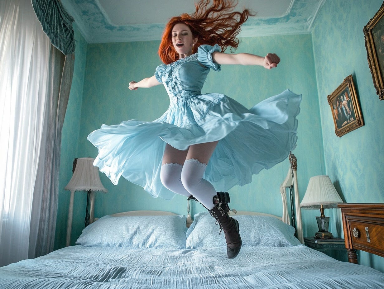 a red headed woman in a light blue dress enjoying herself as she jumps on the bed