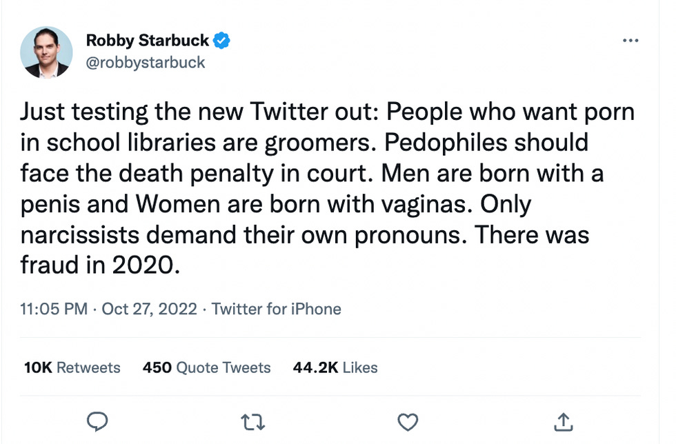 Just testing the new Twitter out: People who want porn in school libraries are groomers. Pedophiles should face the death penalty in court. Men are born with a penis and Women are born with vaginas. Only narcissists demand their own pronouns. There was fraud in 2020. Just testing the new Twitter out: People who want porn in school libraries are groomers. Pedophiles should face the death penalty in court. Men are born with a penis and Women are born with vaginas. Only narcissists demand their own pronouns. There was fraud in 2020.