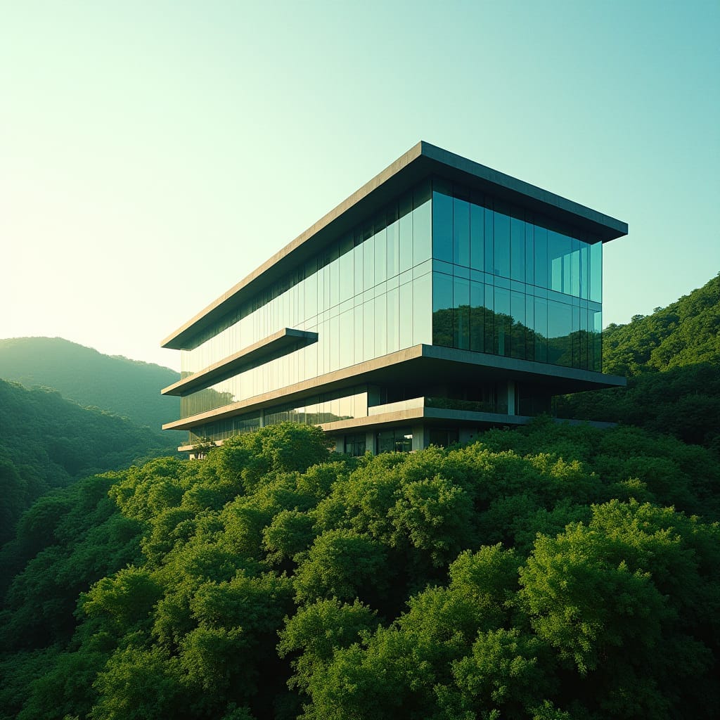 A sleek, modern mixed-use building rises from the vibrant, emerald hills of Jamaica, its angular lines and glass façade reflecting the lush surroundings.