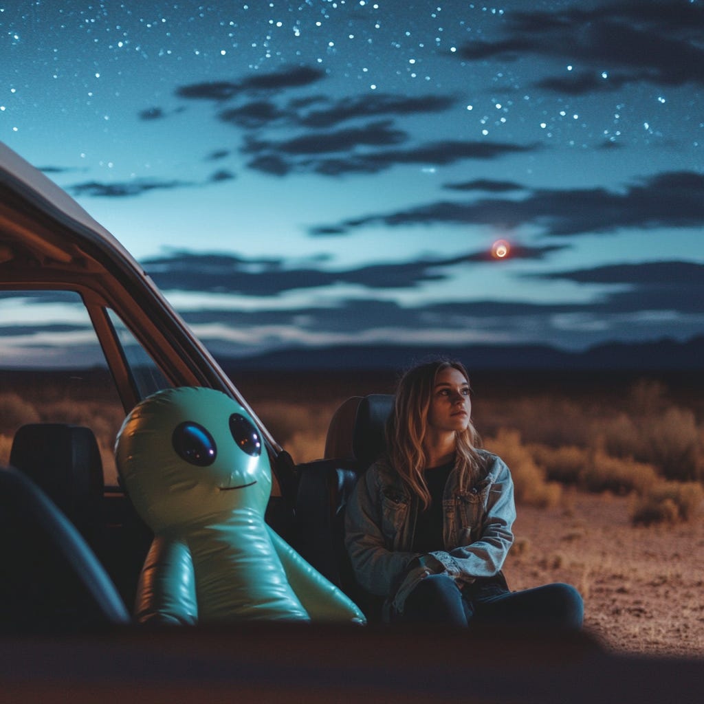 A photorealistic AI image of a woman sitting outside of a van, looking at the stars with an alien toy
