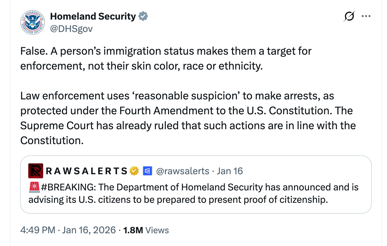A person’s immigration status makes them a target for enforcement, not their skin color, race or ethnicity.  Law enforcement uses ‘reasonable suspicion’ to make arrests, as protected under the Fourth Amendment to the U.S. Constitution. The Supreme Court has already ruled that such actions are in line with the Constitution.
