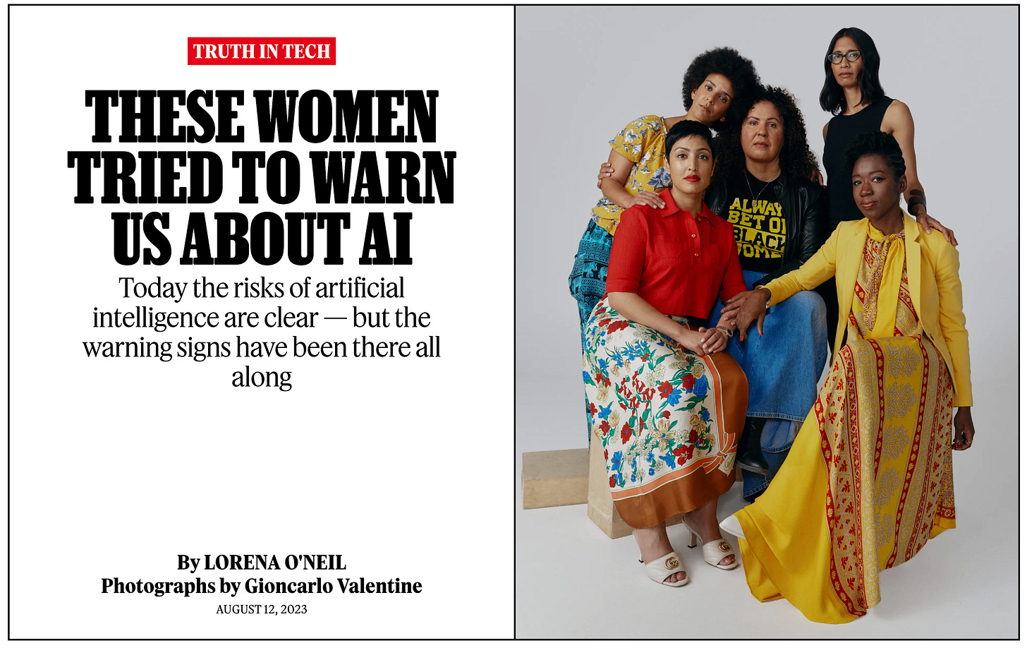 Screenshot of Rolling Stone article. These women tried to warn us about AI: Today the risks of artificial intelligence are clear — but the warning signs have been there all along, by Lorena O’Neil, photographs by Gioncarlo Valentine, August 12, 2023