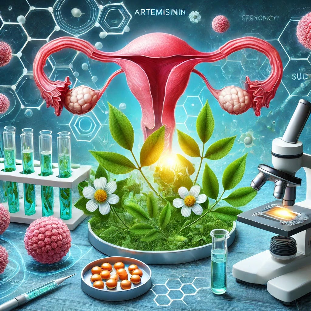 A detailed and vibrant image showing a medical scene with artemisinin plants prominently featured in the foreground, symbolizing the breakthrough treatment. In the background, a representation of ovaries with polycystic morphology transforming into healthy ovaries. Elements of laboratory research, such as test tubes and microscopes, can be seen around the scene, highlighting the scientific study aspect. The overall composition should evoke hope and medical advancement.