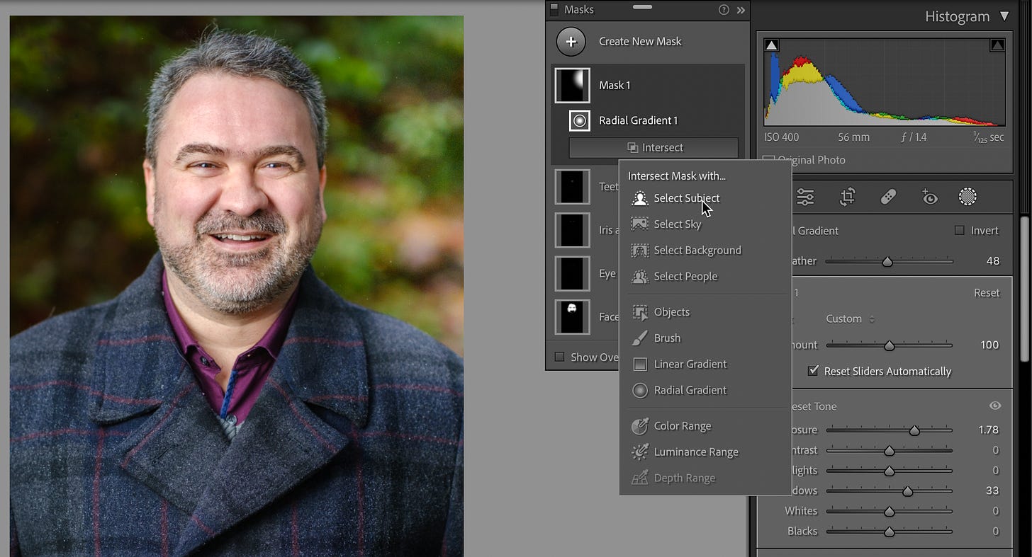 Same photo and Lightroom interface, but now the Intersect button appears for the mask with a menu containing the mask options.