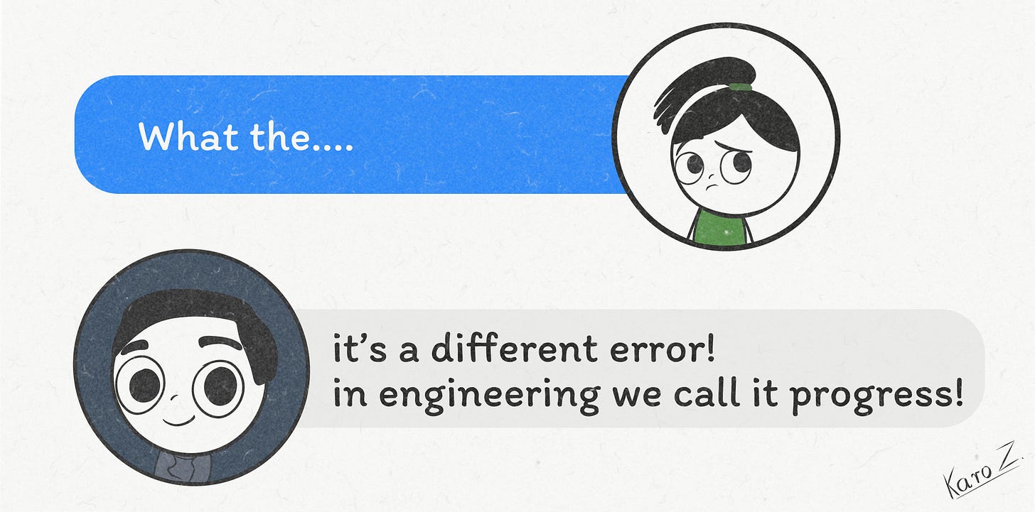 Humorous product cartoon of people frustrated while vibe coding in Replit. Developer meme style. Illustrated by Karo Z, Product With Attitude, using Procreate. 