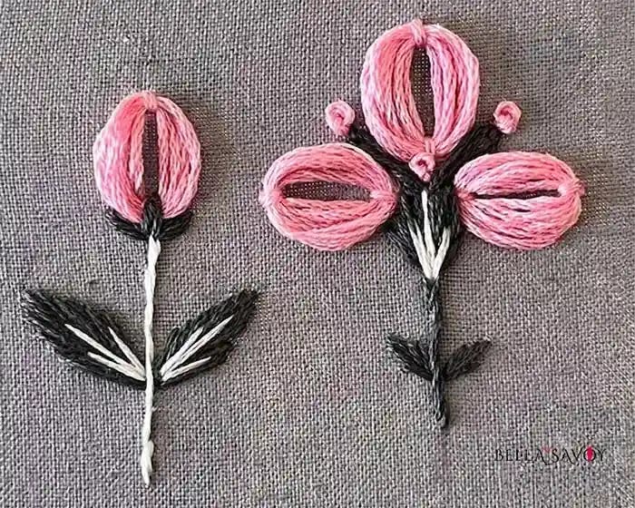 Petal Stitch Tutorial 25 two pink flowers made with the petal stitch.