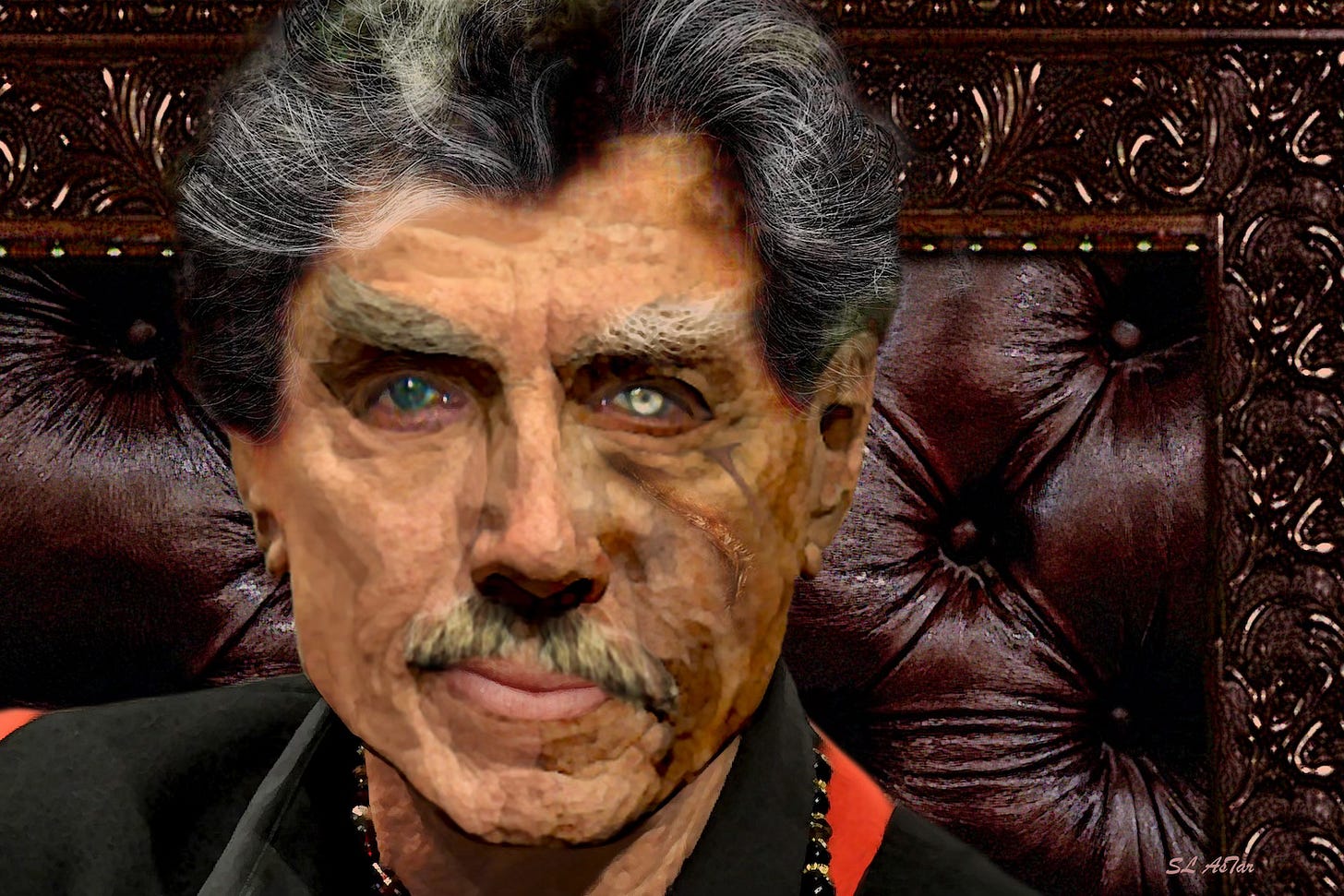 An image of an older man with gray hair, green eyes, and a mustache, sitting against a dark, ornate, tufted leather backdrop. The mans face has a textured, almost sculpted appearance with the left side deeply scared.  Signed in the lower right corner by SL AsTar.