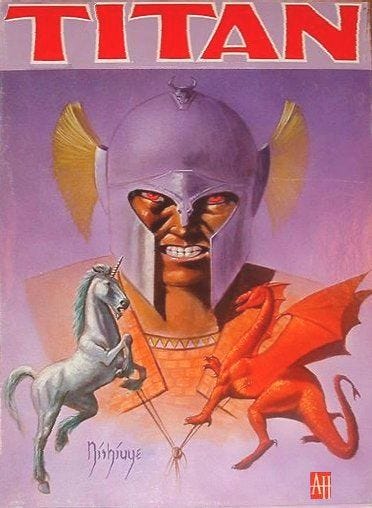 Box of Avalon Hill's Titan. A growling man in a helmet is flanked by a charging unicorn and dragon.