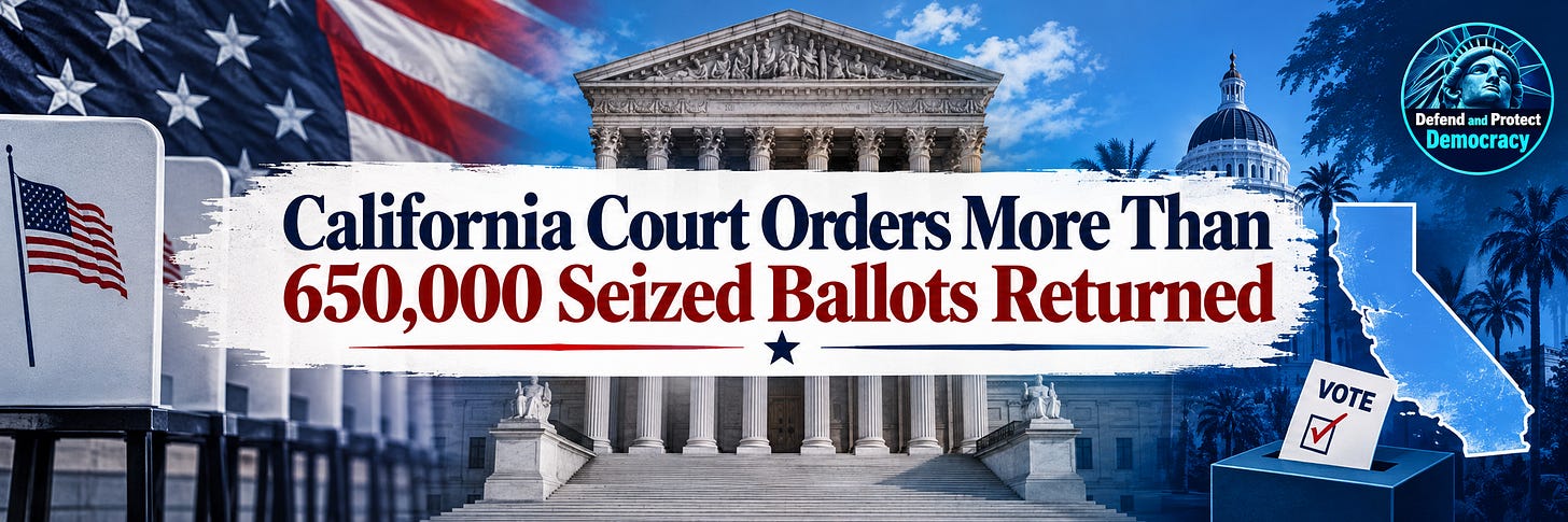 California Court Orders More Than 650,000 Seized Ballots Returned. California Court Orders More Than 650,000 Seized Ballots Returned.