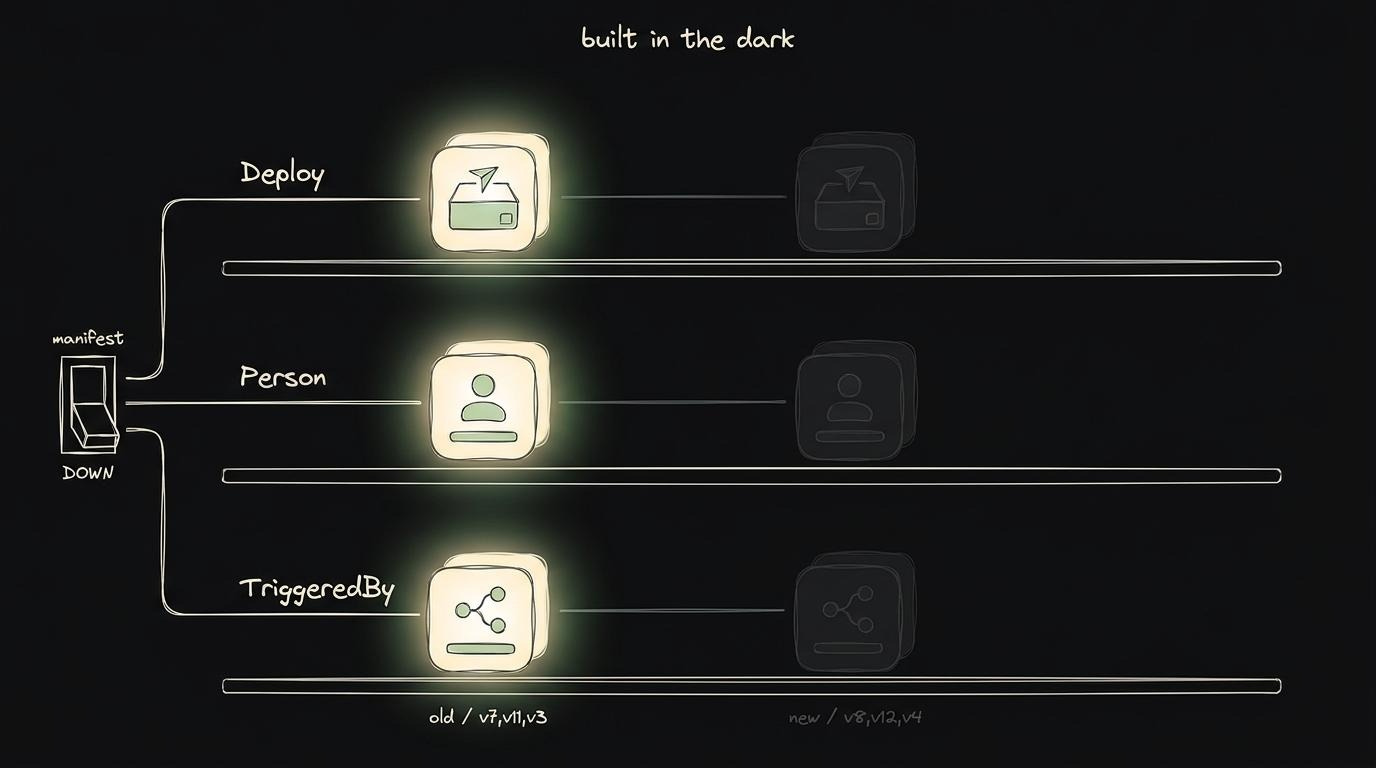 New versions of three stores built in darkness where no agent can see them, while a single manifest switch still lights only the old versions, ready to flip all three live at once