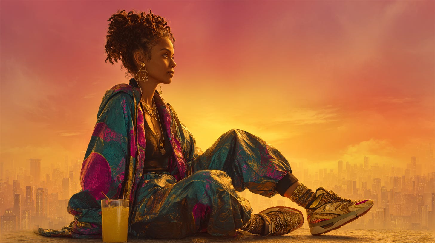 An Affirmed Visionary Original image of a quietly confident black woman sitting at the edge of a golden hour horizon overlooking the city skyline