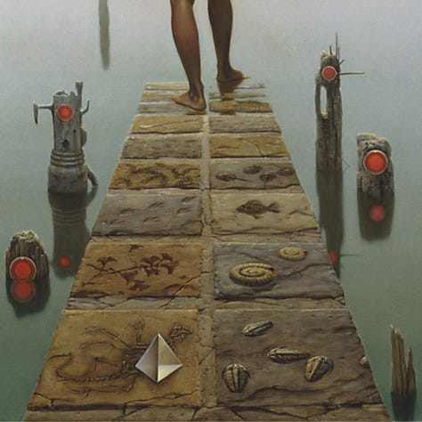 LEFT: Figure detail from CAUSEWAY featuring a nude female viewed from behind as she takes a tentative step into gray green water at the end of a stone causeway. A white cloth blindfold is tied in a short knot behind her head. Her skin is deep bronze and her hair pure black.  CENTER: PRISM (1991), Acrylic on watercolor board - 6” x 6”. A transparent glass tetrahedron casts an angular shadow back on a gray background. The prism is rendered in limited color, just a slight tint of yellow to set it apart from the shading of the simple background.  RIGHT: Close foreground detail from CAUSEWAY featuring the fossil embedded in stone. A clear glass prism rests on the stone nearest left on top of the bones of a small dinosaur. Other fossil evidence includes trilobites, ammonites, fish, and plants. Pylons set with red bicycle reflectors rise out of the water beside the causeway. The material of the posts changes from rough wood to carved stone to formed metal as the causeway descends symbolizing the progression of technology running alongside evolution in the fossil record.
