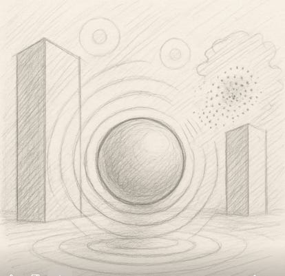 Pencil sketch of a central transparent sphere emitting concentric rings, flanked by tall rectangular structures, with two smaller circles in the sky and a cloud-like cluster of dots suggesting hidden presence.