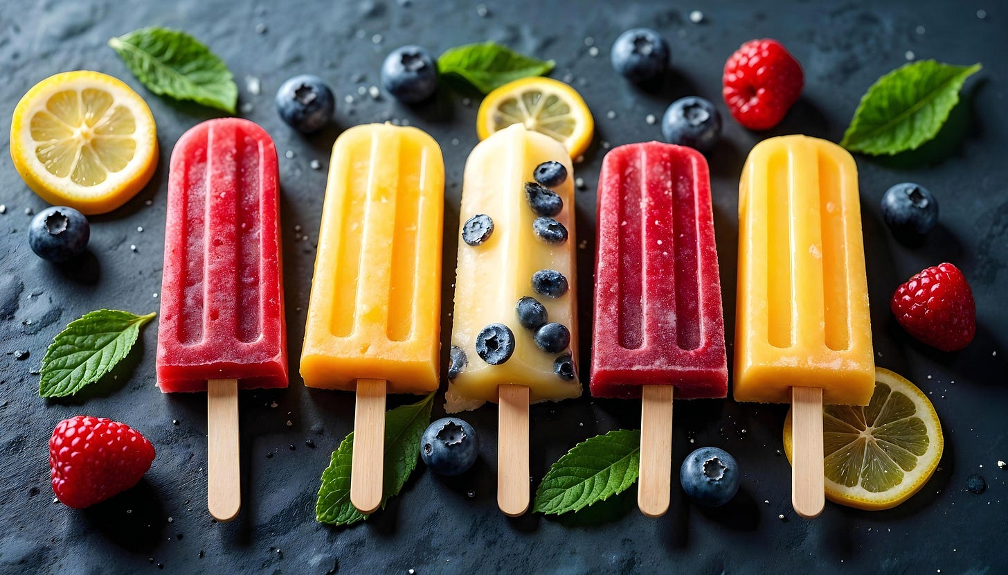 Five fruit popsicles with blueberries, raspberries, lemon slices, and mint on a dark slate background Five fruit popsicles with blueberries, raspberries, lemon slices, and mint on a dark slate background
