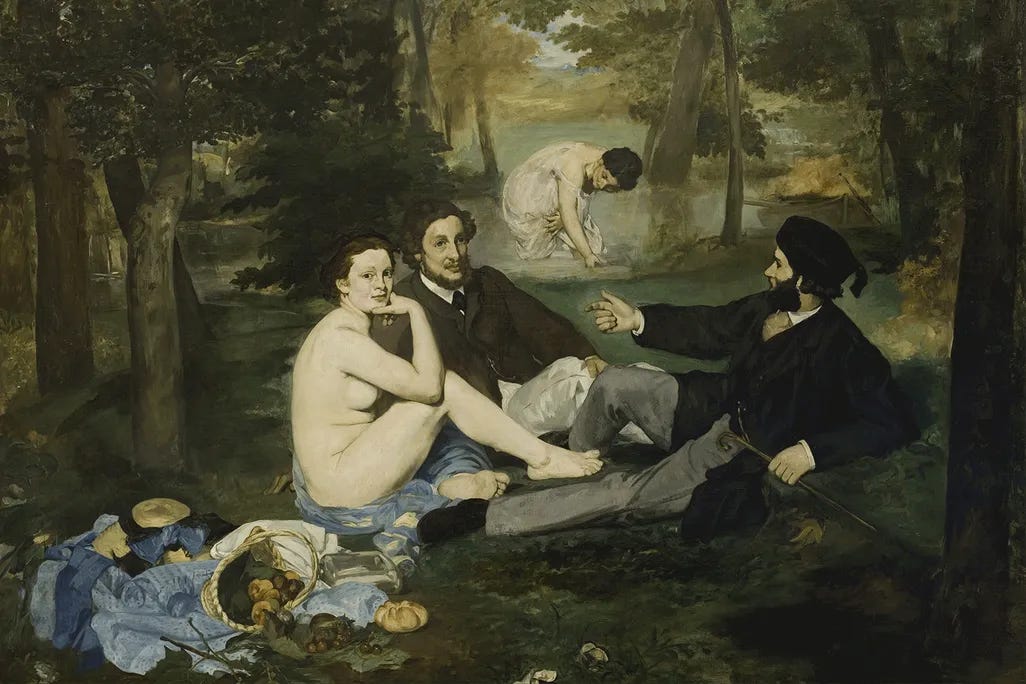 Édouard Manet’s Le Déjeuner sur l’Herbe depicts two clothed men picnicking with a nude woman who looks directly at the viewer, while another woman bathes in a stream behind them amid a wooded landscape. Édouard Manet’s Le Déjeuner sur l’Herbe depicts two clothed men picnicking with a nude woman who looks directly at the viewer, while another woman bathes in a stream behind them amid a wooded landscape.