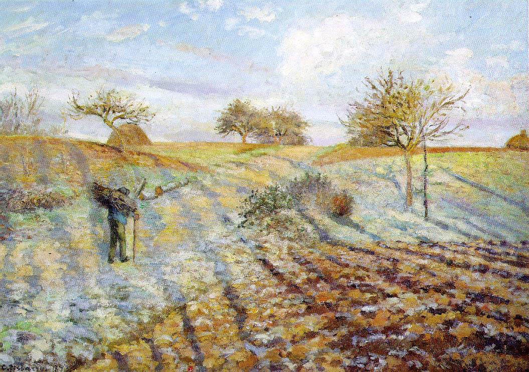 A frosty ploughed field with a peasant path, painted in short broken strokes A frosty ploughed field with a peasant path, painted in short broken strokes