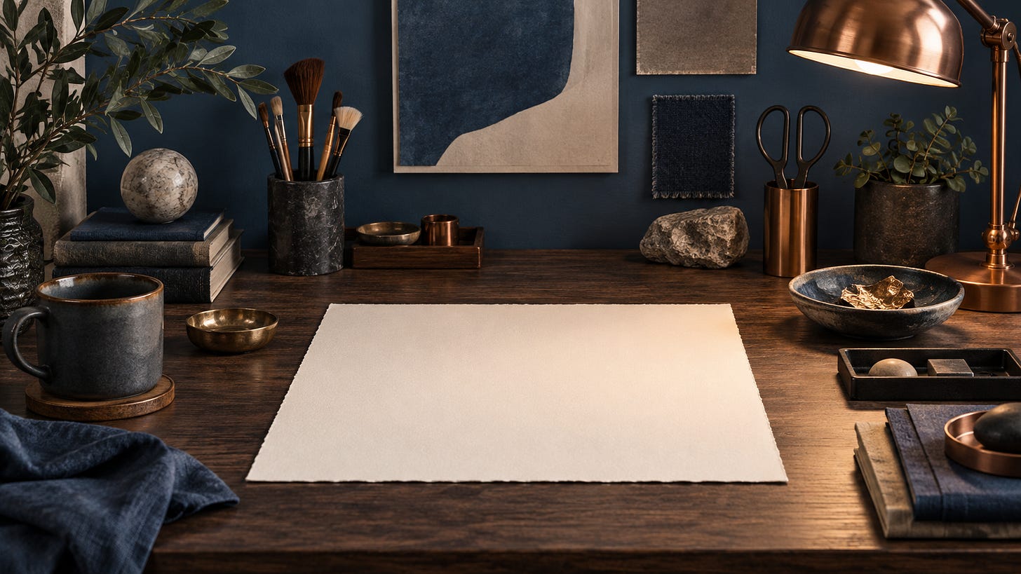 Tidy wooden desk with articles, blank paper, mugs, art supplies, books, and decor against a blue wall.